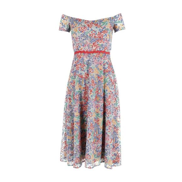 Saloni Off-Shoulder Floral Printed Midi Dress in Multicolor Polyester
